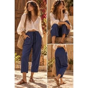 Pilcro and the Letterpress Navy Linen Cotton Blend Relaxed Crop Pants Small